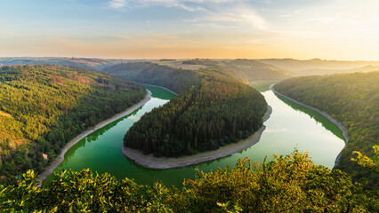 Germany, Thuringia, Bend of river Saale at sunset