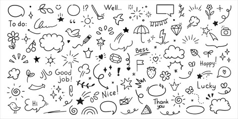 Fototapeta na wymiar Cute Doodle pen line elements. Heart, bubble, doodle, arrow, star, icon, shiny ornaments set. Simple drawing in line style sketch, attention, lettering, text, pattern elements. Vector illustration.