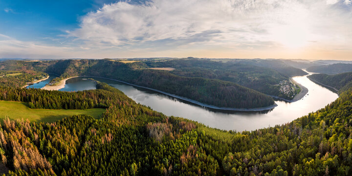 Germany, Thuringia, Panoramic view of bend of river Saale at sunset