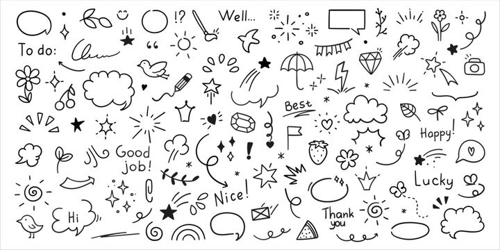 Cute Doodle pen line elements. Heart, bubble, doodle, arrow, star, icon, shiny ornaments set. Simple drawing in line style sketch, attention, lettering, text, pattern elements. Vector illustration.