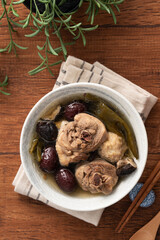 Delicious Taiwanese peeled green chili pepper chicken soup with mushroom