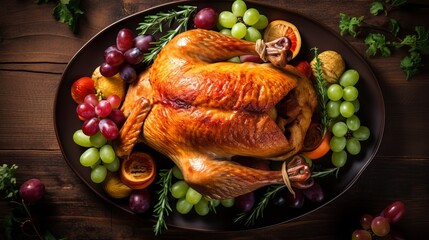 Overhead shot of brilliant broiled Thanksgiving turkey with cut for carving on a platter embellished with parsley and new grapes against a provincial foundation. Photo shot in level lay fashion. - obrazy, fototapety, plakaty