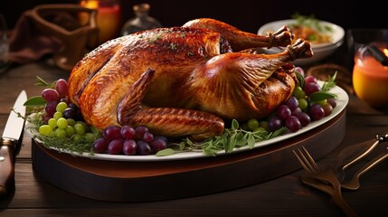 Overhead shot of brilliant broiled Thanksgiving turkey with cut for carving on a platter embellished with parsley and new grapes against a provincial foundation. Photo shot in level lay fashion. - obrazy, fototapety, plakaty