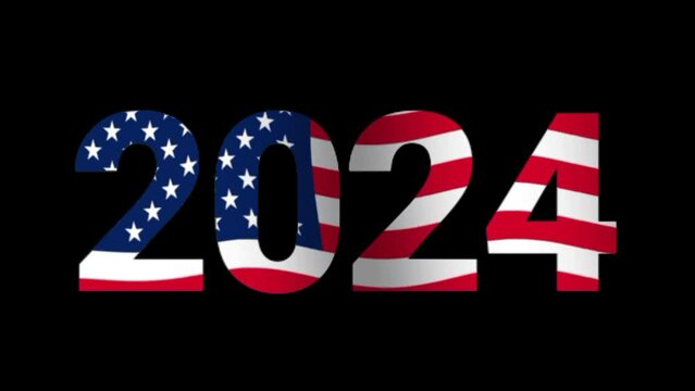 2024 text with USA flag waving. Falg of United States 2024 for independence day anniversary and New Year. Seamless 4k