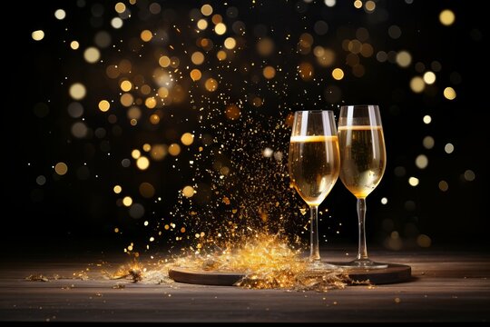 Crystal glasses filled with Champagne for New year's eve. Generated with AI
