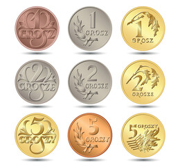 Set of Polish coin. One coin, two coin, five coin. Vector illustration.