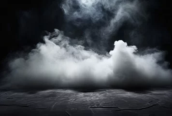 Poster an image of dust and smoke covered in a black concrete floor disturbing landscapes matte background stage-like environments © IgnacioJulian