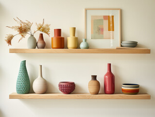 Pine Floating Shelf with Colorful Frames and Woven Vase