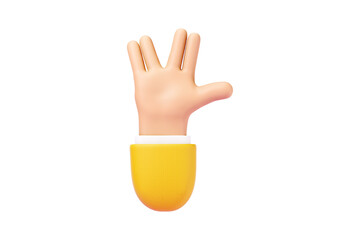 Cartoon human hand showing spock gesture, isolated on white background. Concept symbol, icon. Copy space, 3D illustration, 3D render. - obrazy, fototapety, plakaty