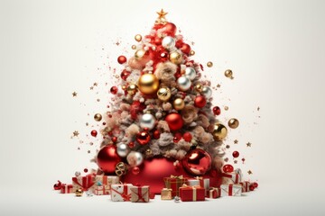 Christmas tree explosion. Colorful Christmas bulbs in the shape of a tree. Generated with AI

