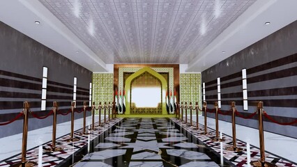 hall with the camera moving forward to a united arab emirates flag. arcdoor with uae flag