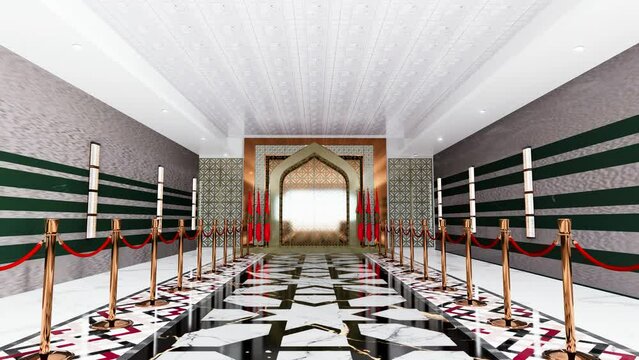 hall with the camera moving forward to a moroccan flag. arcdoor with morocco flag