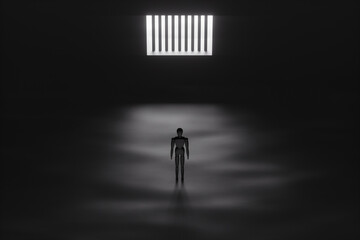 Concept of prison, imprisonment, deprivation of liberty. The puppet stands in front of a window with bars through which light breaks through. Copy space, 3D illustration, 3D render.