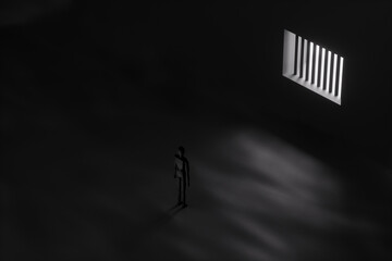 Concept of prison, imprisonment, deprivation of liberty. The puppet stands in front of a window with bars through which light breaks through. Copy space, 3D illustration, 3D render.