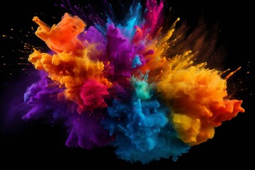 Fototapeta na wymiar Vibrant holi paint explosion with colorful rainbow splashes on black background. Generative AI