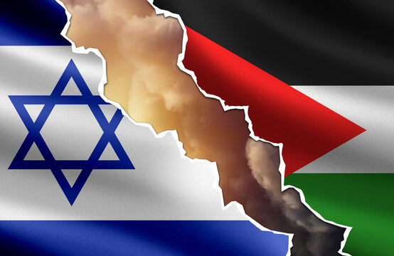 Flags of Israel and Palestine. Confrontation between states concept. Smoke between flags of Israel and Palestine. States of middle east. Israel versus Palestine. Gaza strip. 3d image