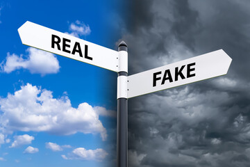 Real vs fake road sign. Crossroads with sunny and cloudy skies. Concept of choosing between real...