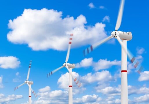 Wind turbines on background sky. Three windmills. Wind energy. Green technologies for electricity production. Wind turbines with rotating blades. Regenerative energy. Eco-friendly windmills. 3d image