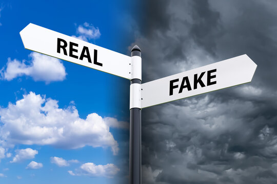 Real vs fake road sign. Crossroads with sunny and cloudy skies. Concept of choosing between real and fake. Metal street road sign with arrows. Real and fake directions. 3d image.