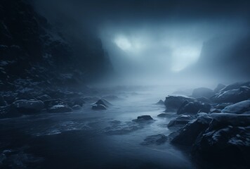 dark background with an icy glow, ominous vibe, panoramic scale, cyclorama, misty atmosphere, light navy and dark black, abstract seascapes - 669975781