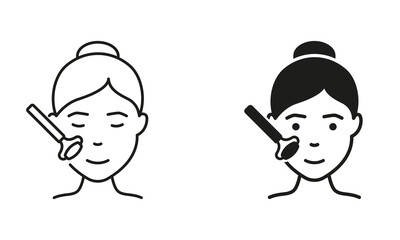 Skin Care Procedure, Roller for Facial Massage Line and Silhouette Icon Set. Jade Roller for Facial Relaxation Pictogram. Relax for Female Skin Face Symbol Collection. Isolated Vector Illustration