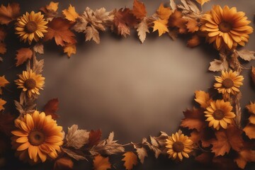 Obraz premium Festive autumn decor Frame from pumpkins, flowers and fall leaves. Concept of Thanksgiving day or Halloween Design. Wedding or Flowers Frame Background.