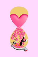 Vertical creative composite metaphor photo collage of hand hold sand clock with man popular blogger inside isolated on drawing background