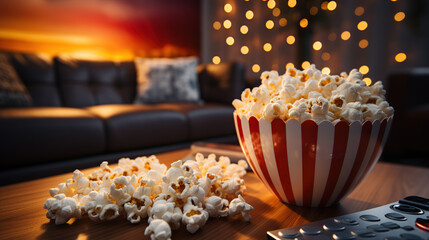 Close up bowl of popcorn and remote control with TV running in the background. Relaxing evening watching a movie or TV series at home.