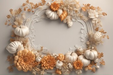 Festive autumn decor Frame from pumpkins, flowers and fall leaves. Concept of Thanksgiving day or Halloween Design. Wedding or Flowers Frame Background.