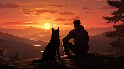 Fototapeten A people of a dog and a man looking into the sunset © jr-art