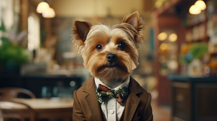 A dog in a suit in an office - obrazy, fototapety, plakaty