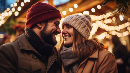 Portrait of a happy couple at the New Year's shopping market. A man and a woman spend time together at the Christmas market, having fun. Christmas. Fun, vacation concept.