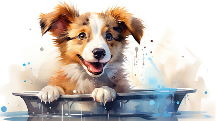 Illustration of a dog bathing - obrazy, fototapety, plakaty