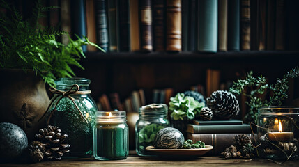 Fototapeta premium Candles and other things. Decoration with books on the shelf.