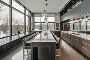 Stunning contemporary kitchen featuring expansive windows. Generative AI
