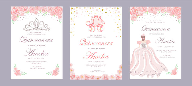 Quinceanera Birthday celebration invitation card for Latin America girl in floral design theme decoration with Princess, beautiful flowers, leaves. Vector illustration.	