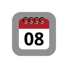Red calendar flat icon isolated on gray background. Calendar with a specific day marked, vector illustration of appointment schedule marking day 08.