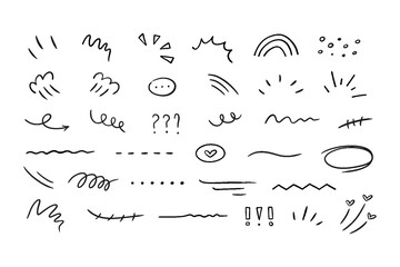 Hand drawn set expression signs. Doodle icons isolated on white background.