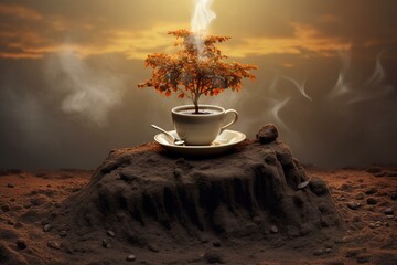 Strong black coffee with rich flavors represented by a lone tree, highlighting the coffee-nature connection. Generative AI