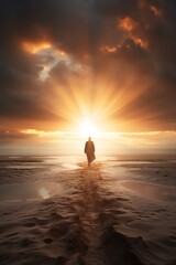 Fototapeta premium one man, walking across a deserted beach, during sunset, gauzy atmospheric landscapes, dutch landscapes, god rays, contemporary surrealism, light silver and brown,