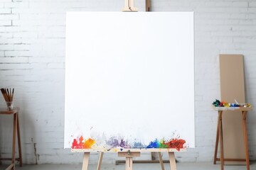 a blank canvas standing on an easel with art supplies beside it