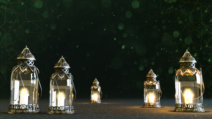 3D render of golden shiny fanous on dark background, eid. ramadan kareem background concept