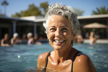 Portrait of a cheerful pensioner on vacation. An adult woman swims in the pool, group fitness training in the water. An elderly happy person smiles and is engaged in health.