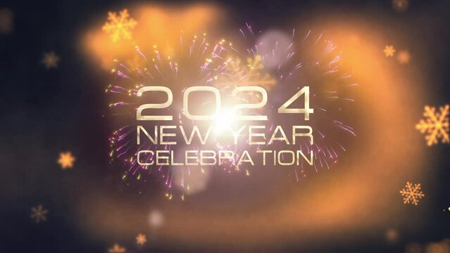 2024 Happy new year celebration gold text with falling glow gold snowflakes and fireworks cinematic title background. Happy New Year 2024 golden shining text on pastel winter light.festive background 