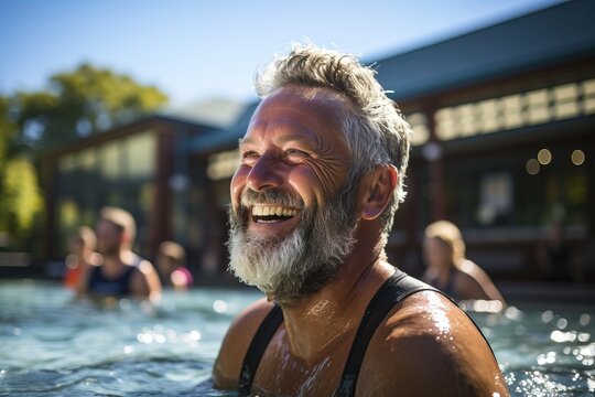 Portrait of a cheerful pensioner on vacation. An adult gray-haired man swims in the pool, group fitness training in the water. An elderly happy person smiles and is engaged in health.