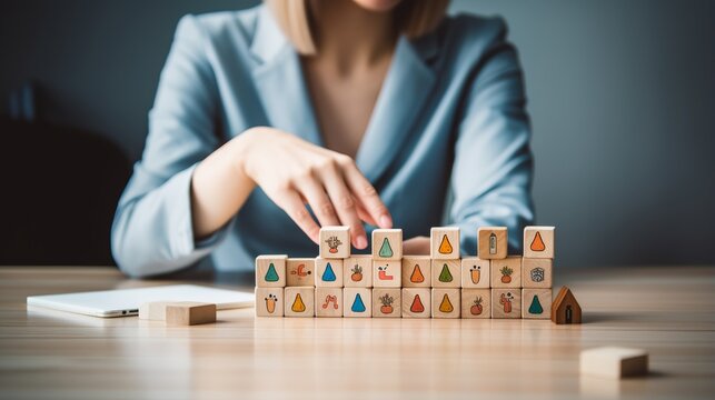 strategic businesswoman: planning with wooden blocks - action plan concept