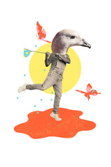 Photo absurd collage of wildlife animal bird duck catching flying insects butterfly net summer...