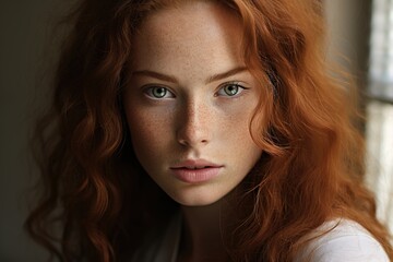 Naklejka premium A woman with a close face, clean skin, a beautiful look at the camera. Young female energy transmits with a glance.
