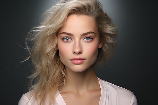 Portrait of a young blonde woman close model in a photo studio looking at the camera, beautiful makeup day clean well-groomed skin.