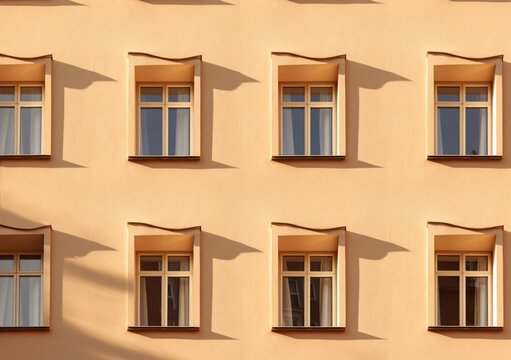 several windows in an imaginary building that appear to be crooked, flat backgrounds, viennese actionism, beige, low resolution, playing with light and shadow, witty and clever cartoons, focus